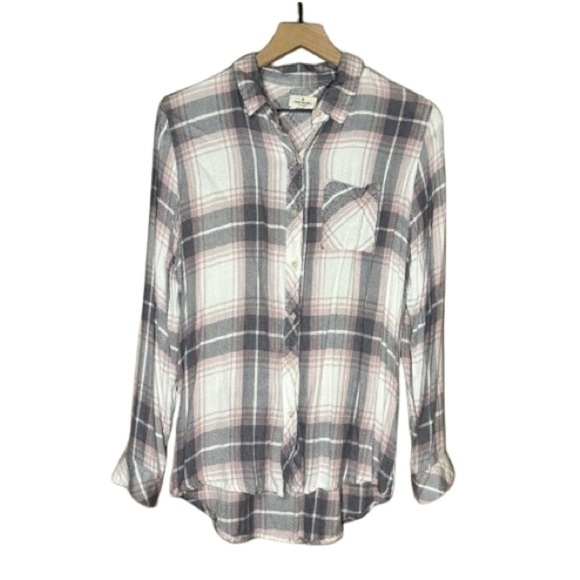 Women's L Thread & Supply Kandice Soft Classic Plaid Pink Gray Button Down - Picture 1 of 7